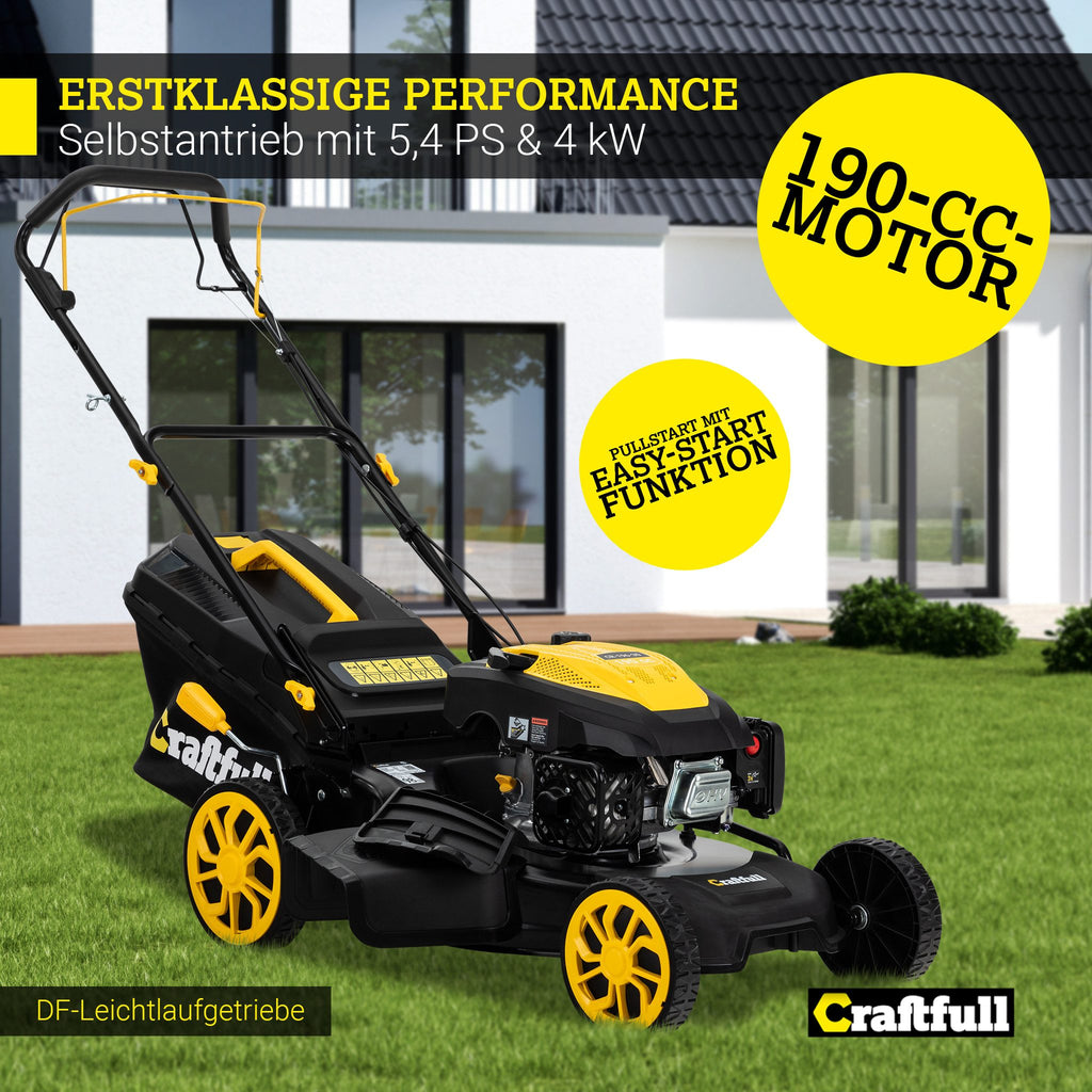 Craftfull Benzinrasenmäher CR-196-30 - 6 PS, 190 cm³ Rasenmäher Benzin 53cm Schnittbreite