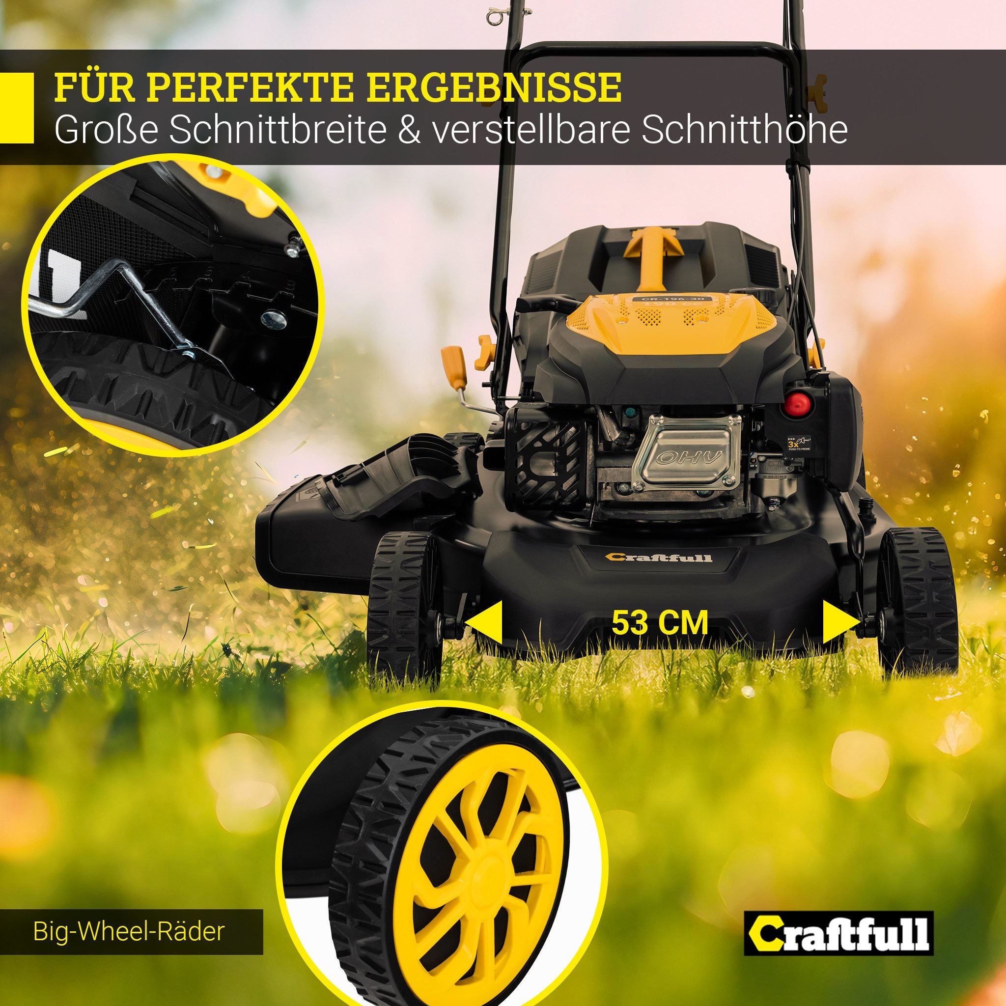 Craftfull Benzinrasenmäher CR-196-30 - 6 PS, 190 cm³ Rasenmäher Benzin 53cm Schnittbreite
