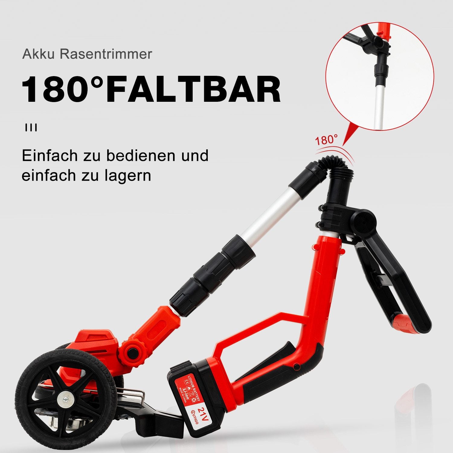 OUTIGO Akkurasenmäher Wiederaufladbarer Akku-Rasentrimmer mit 2* 4000mAh, Rädern