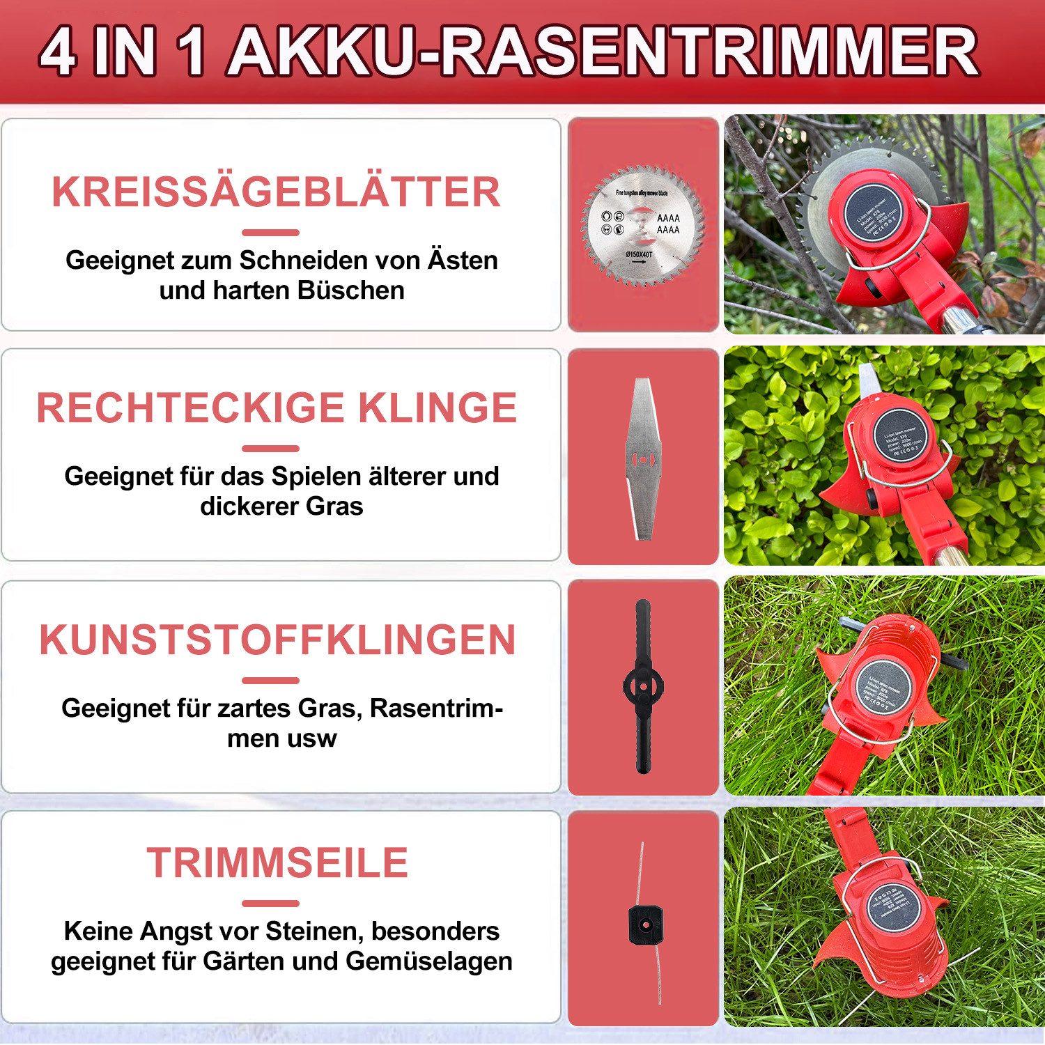 OUTIGO Akkurasenmäher OUTIGO Akku-Rasentrimmer, 2 Akkus und 4 Messertypen