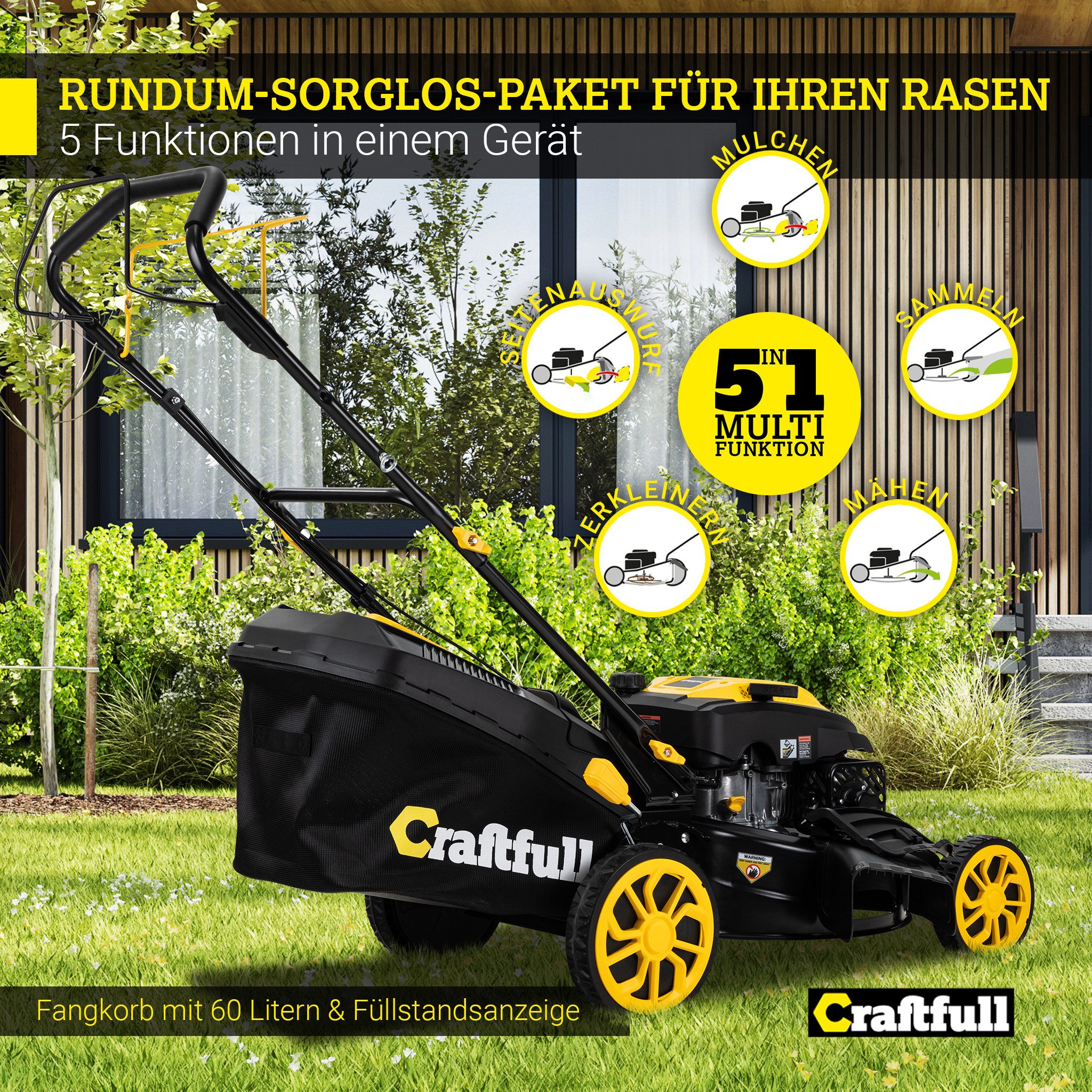 Craftfull Benzinrasenmäher CR-196-30 - 6 PS, 190 cm³ Rasenmäher Benzin 53cm Schnittbreite