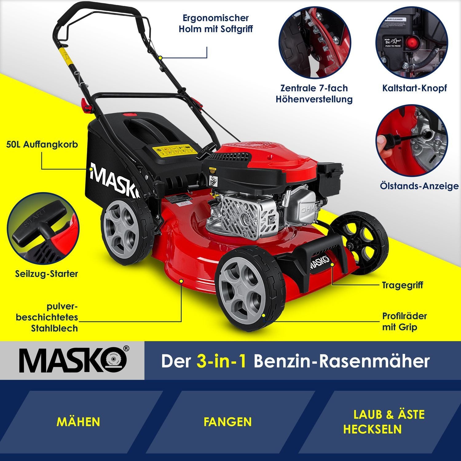 MASKO Benzinrasenmäher, Rasenmäher mit Radantrieb, 4-Takt-Motor & Mulch-Funktion inkl Fangkorb