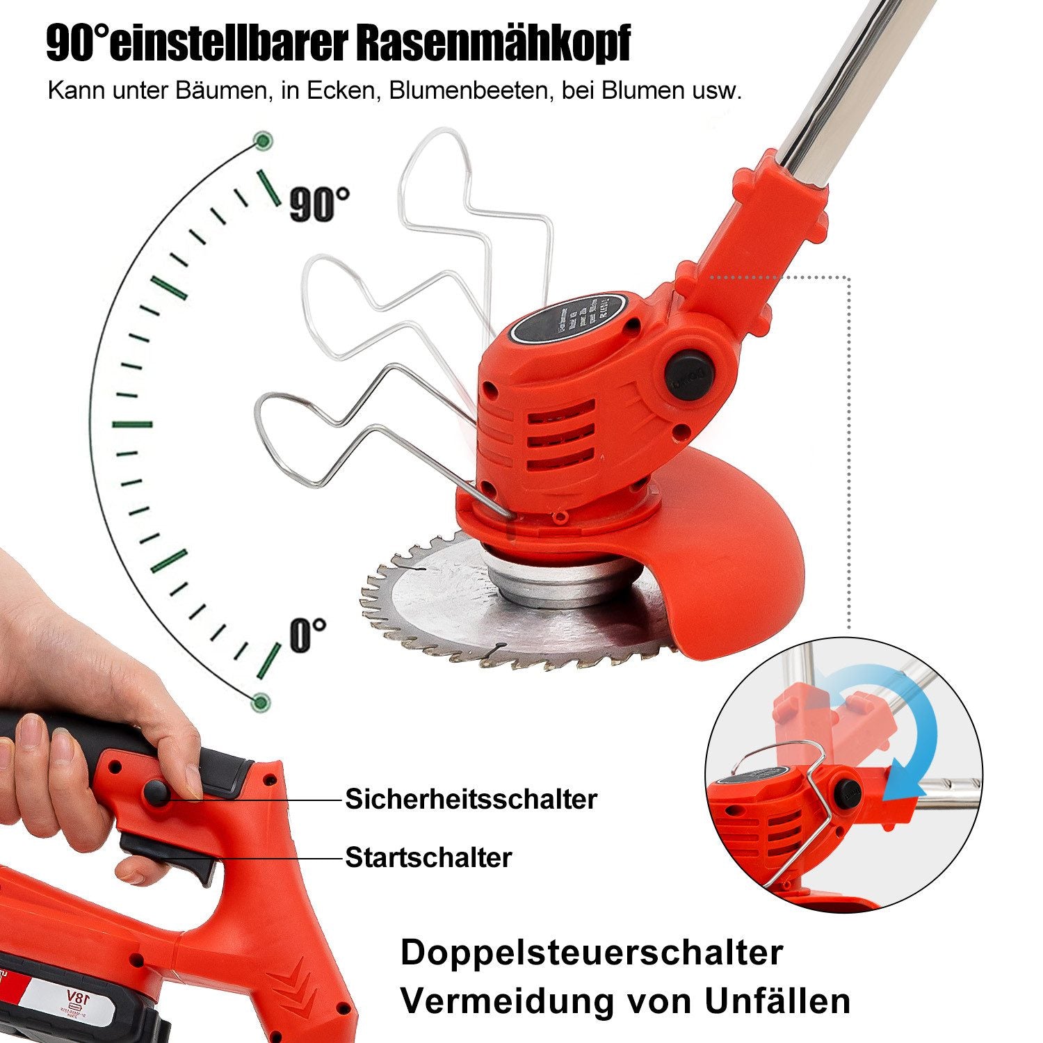 OUTIGO Akkurasenmäher OUTIGO Akku-Rasentrimmer, 2 Akkus und 4 Messertypen