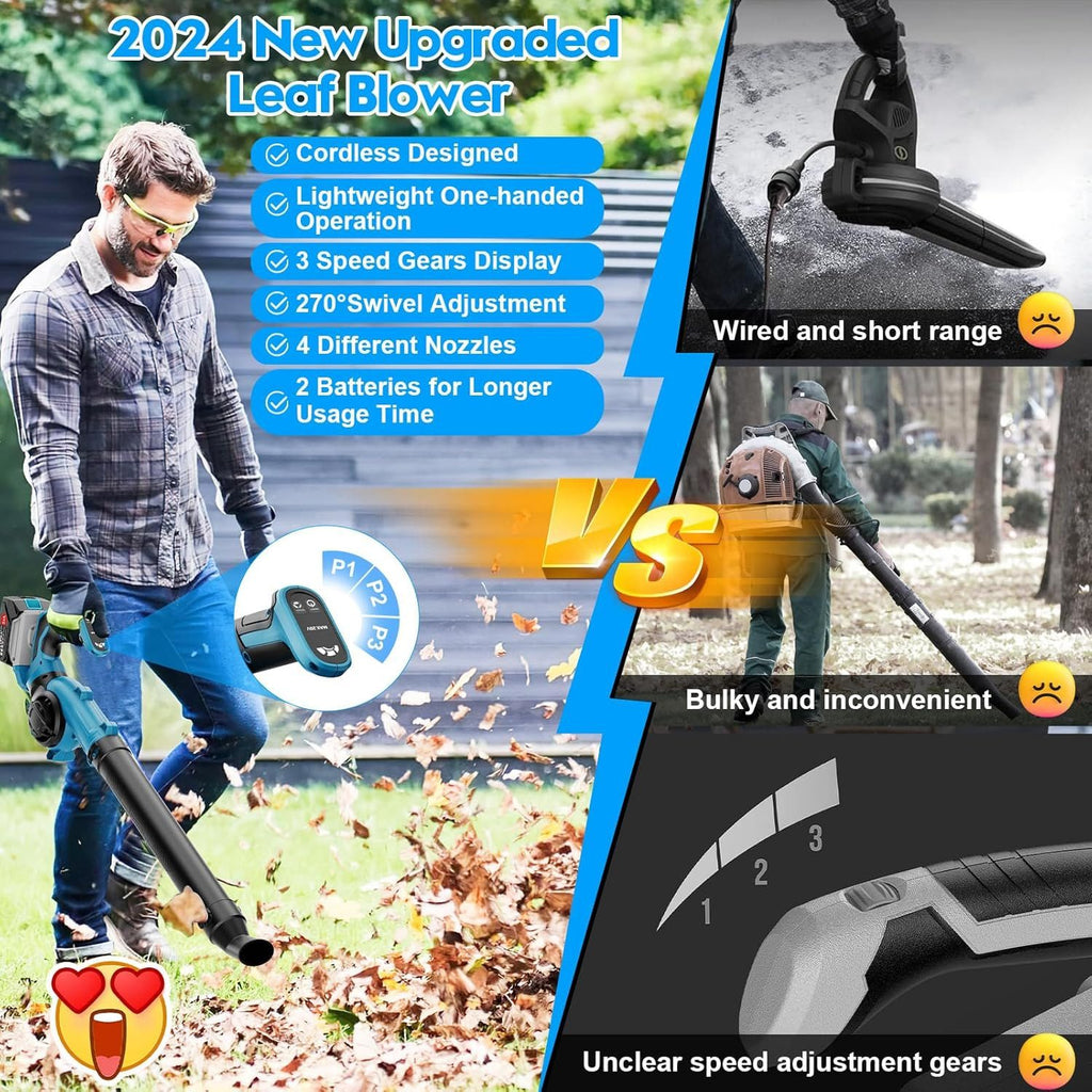 Athlix Akku-Laubbläser Laubbläser kabellos mit 2 Akkus, für Laub, Rasenpflege, Schneeräumung