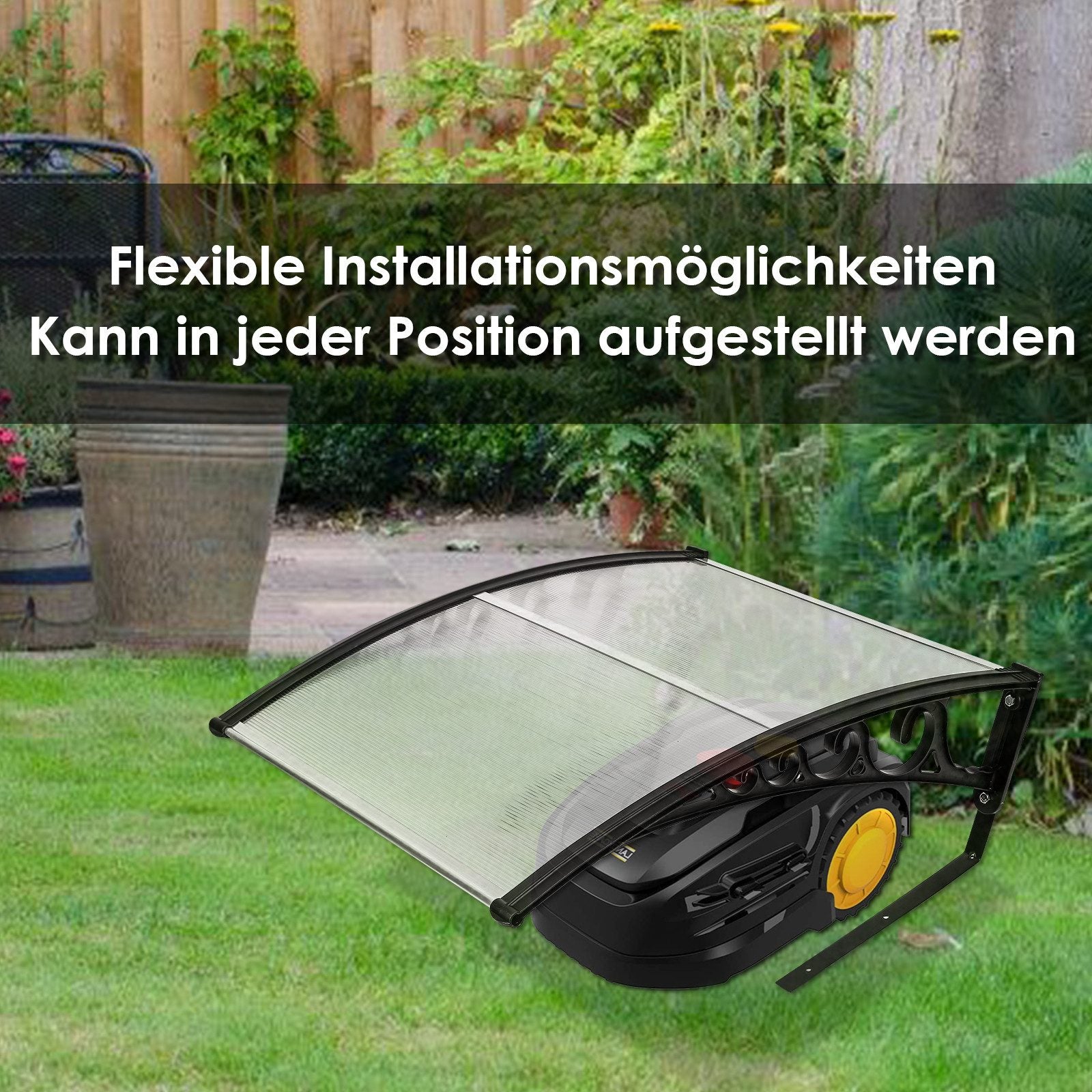 Clanmacy Mähroboter-Garage Rasenmäher Garage Transparente Sonnenblende Schwarzer Stahlrahmen