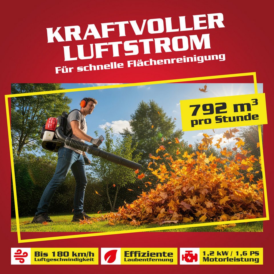 Hecht Benzin-Laubbläser mit Rückentragegurt bis 180 km/h, 1,7PS/1,25kW, 900m³/h, 43 cm³