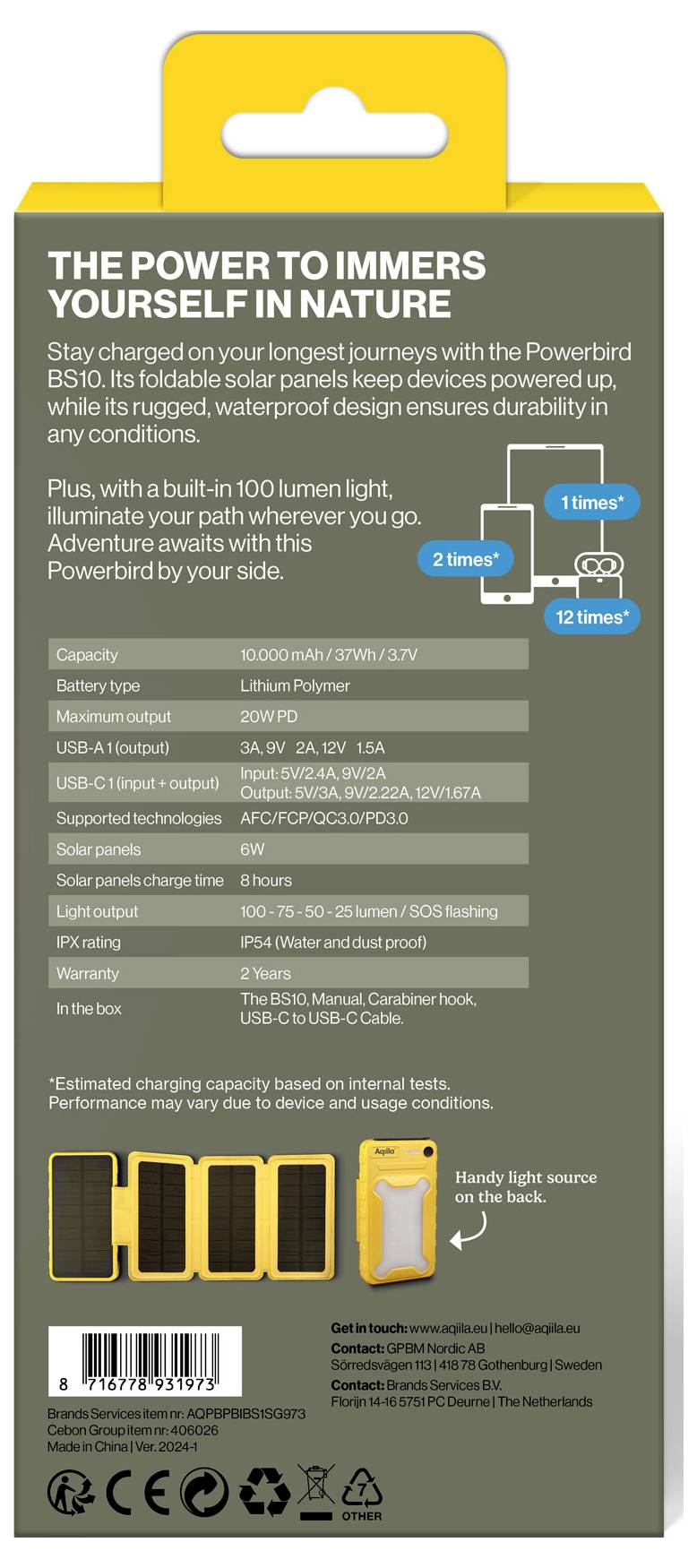 Aqiila Powerbird BS10 AQPBPBIBS1SG973 Solar-Powerbank 6 W 10000 mAh