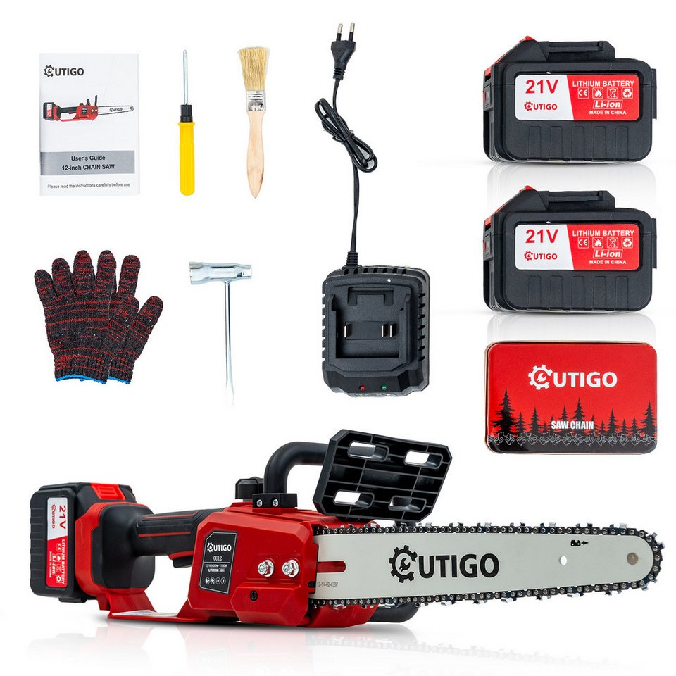 OUTIGO Akku-Kettensäge OU12, 30 cm Schwertlänge, 2*4.5 AH AKKU, 12 zoll 2 Akkus