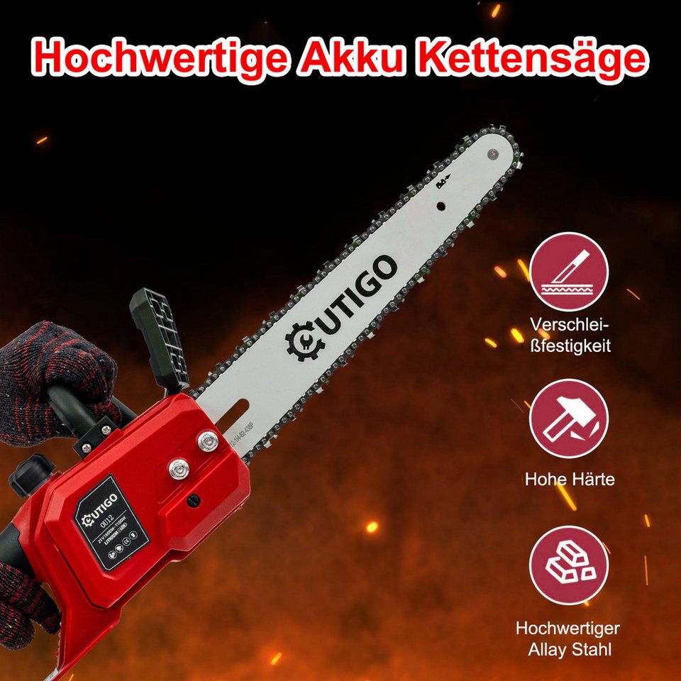 OUTIGO Akku-Kettensäge OU12, 30 cm Schwertlänge, 2*4.5 AH AKKU, 12 zoll 2 Akkus